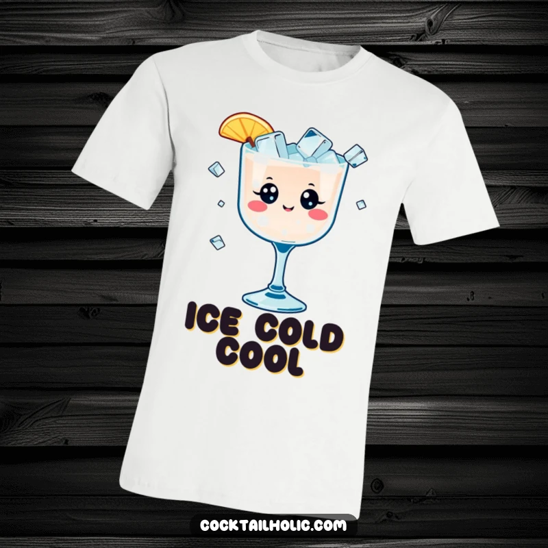 Funny t-shirt featuring a kawaii cocktail glass with happy eyes, playfully juggling tiny ice cubes, a cute and humorous graphic.