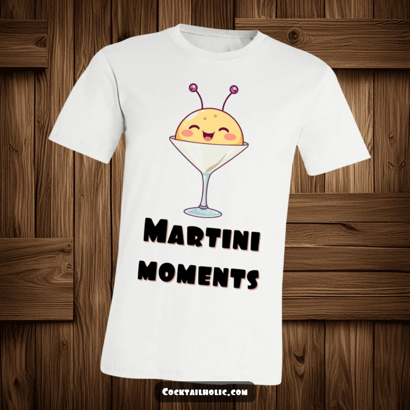 Funny t-shirt featuring a happy, round creature with antennae wiggling out of a martini glass, a quirky and humorous shirt.