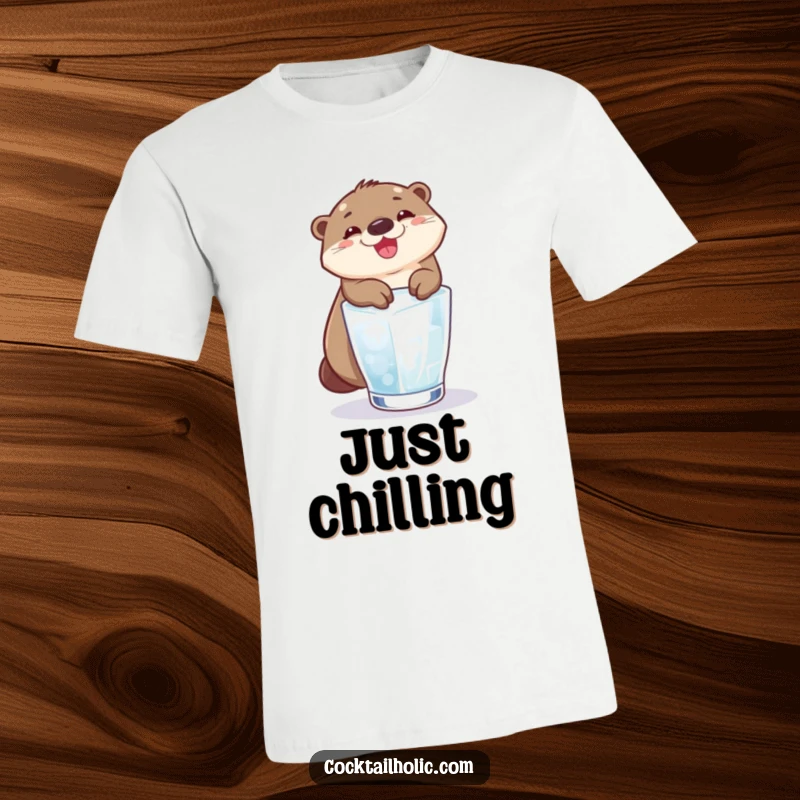 Funny otter grinning broadly as it slides down an ice cube into a glass, printed on a t-shirt.