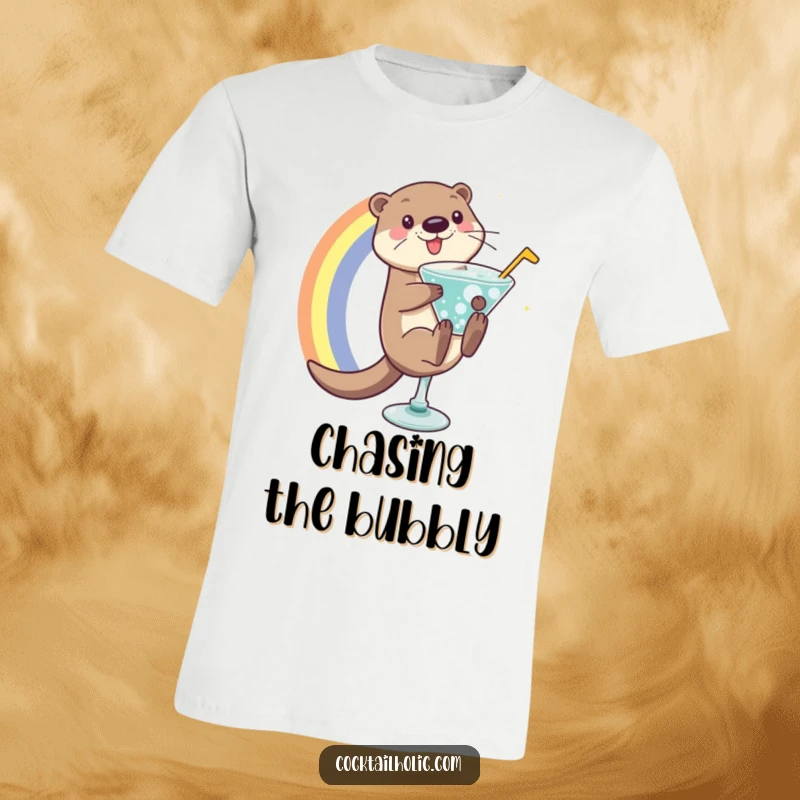 Playful otter character sliding down a colorful rainbow into a fizzy cocktail glass, printed on a fun t-shirt.