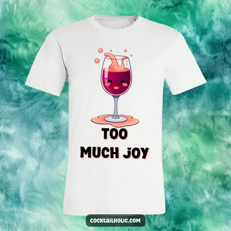 Funny happy wine glass character with bubbly overflow, spilling its contents with glee on this humorous t-shirt.