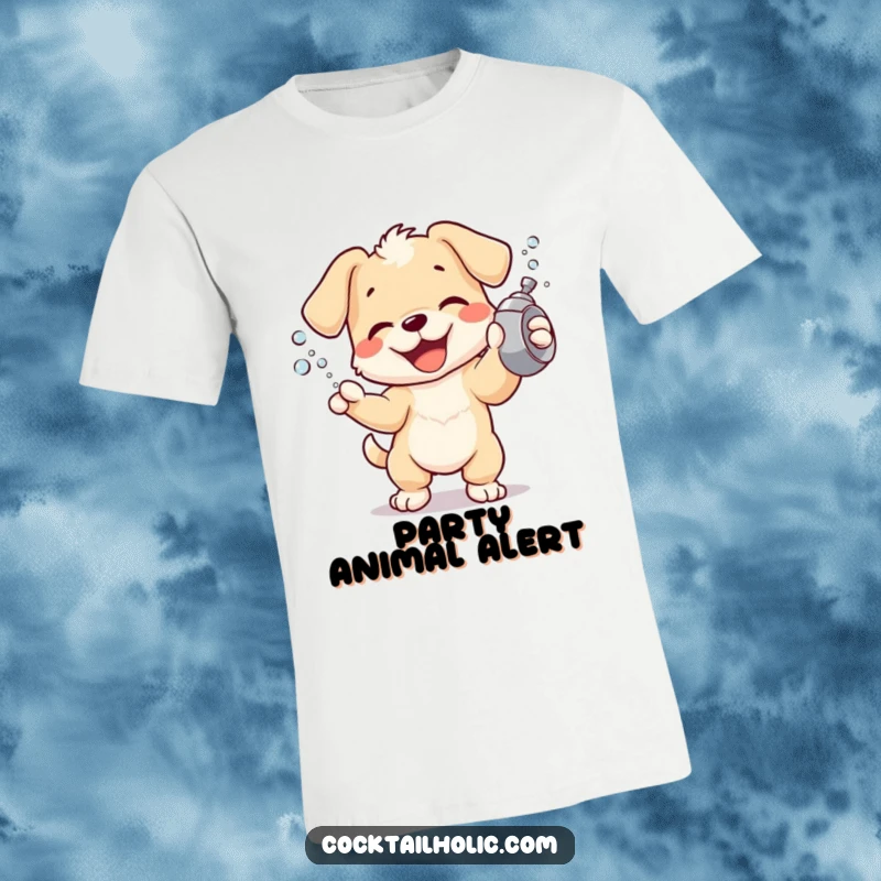 Exuberant puppy character shaking a cocktail shaker, spraying tiny bubbles, printed on a playful t-shirt.