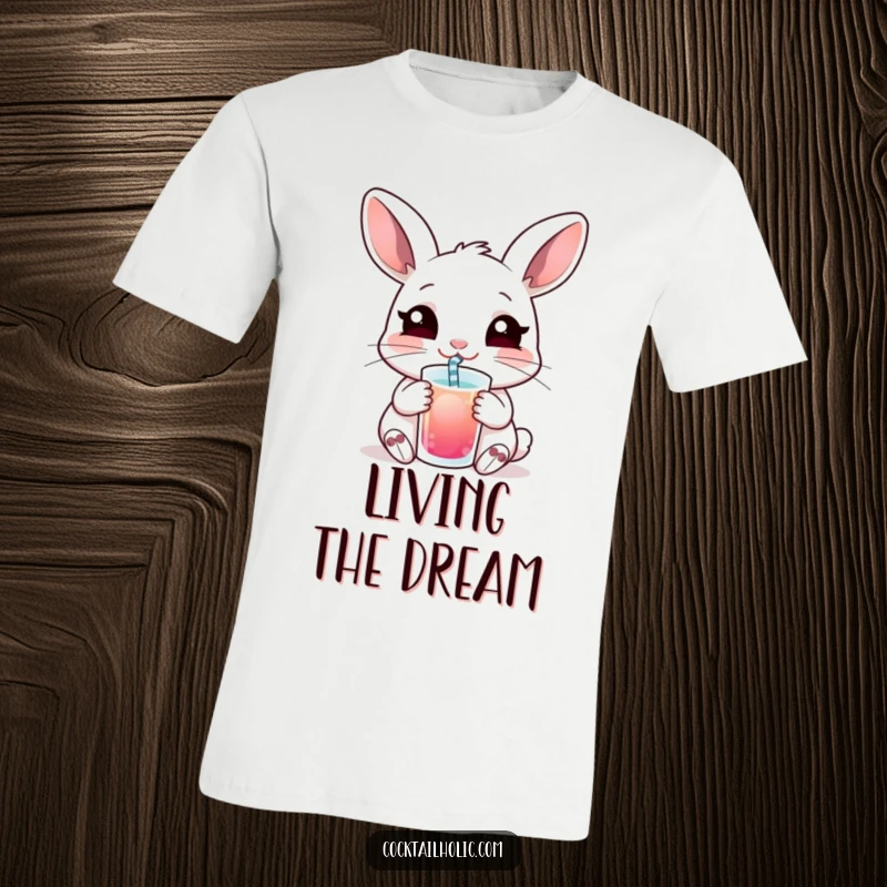 Funny t-shirt with a content rabbit happily sipping a drink through a straw, radiating a peaceful and humorous mood.