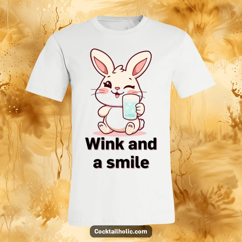 Funny rabbit t-shirt with a cheerful character winking while holding a frosted glass, perfect for playful humor and a funny gift.
