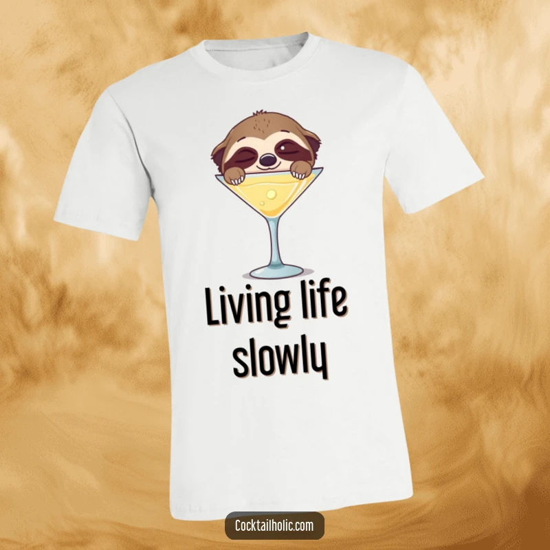 Funny t-shirt design of a sleepy sloth peeking joyfully over a large martini glass, expressing happy relaxation.