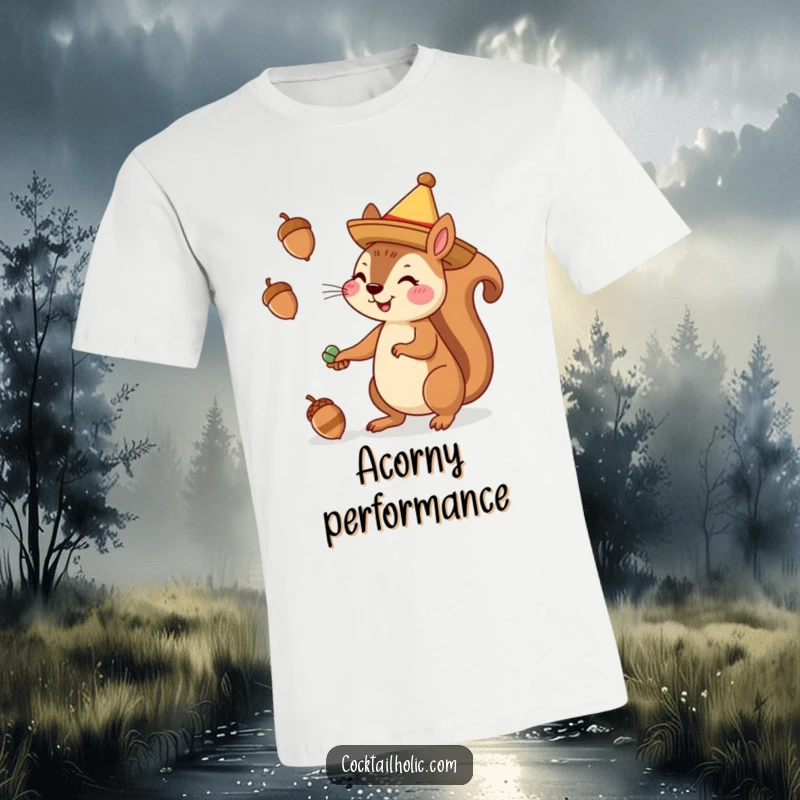 Funny T-shirt printed with a cheerful squirrel wearing a sombrero and juggling acorns, great for party vibes.