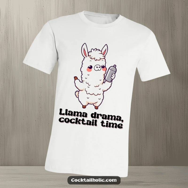 Funny Wobbly Llama T-Shirt: A cartoon llama energetically shaking a cocktail shaker, embodying a fun and festive party spirit, ideal for any celebration.