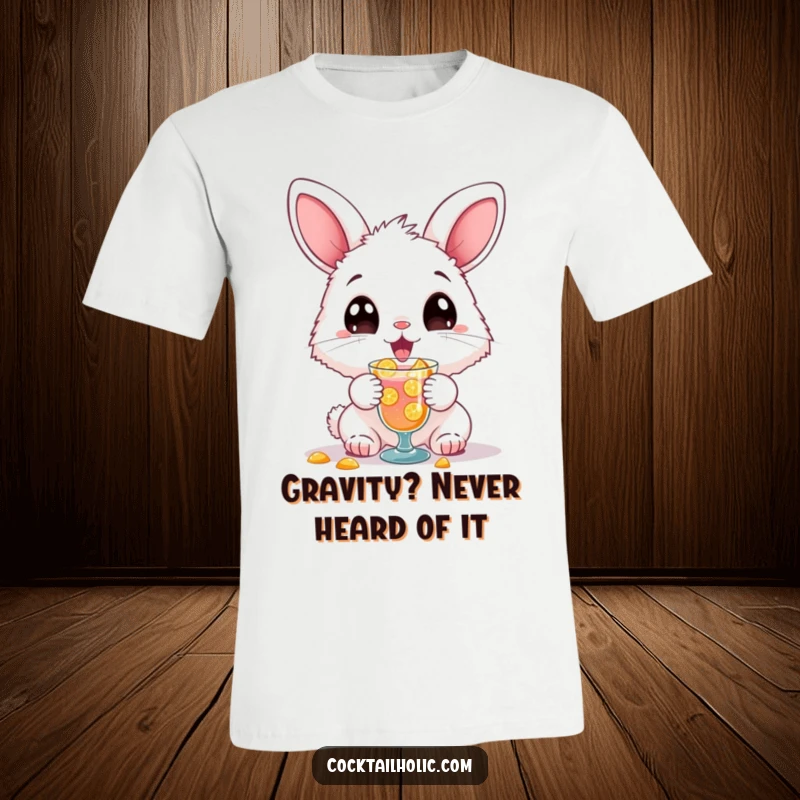 Funny T-shirt with a fluffy bunny character joyfully spilling a colorful cocktail, ideal for lovers of fun.
