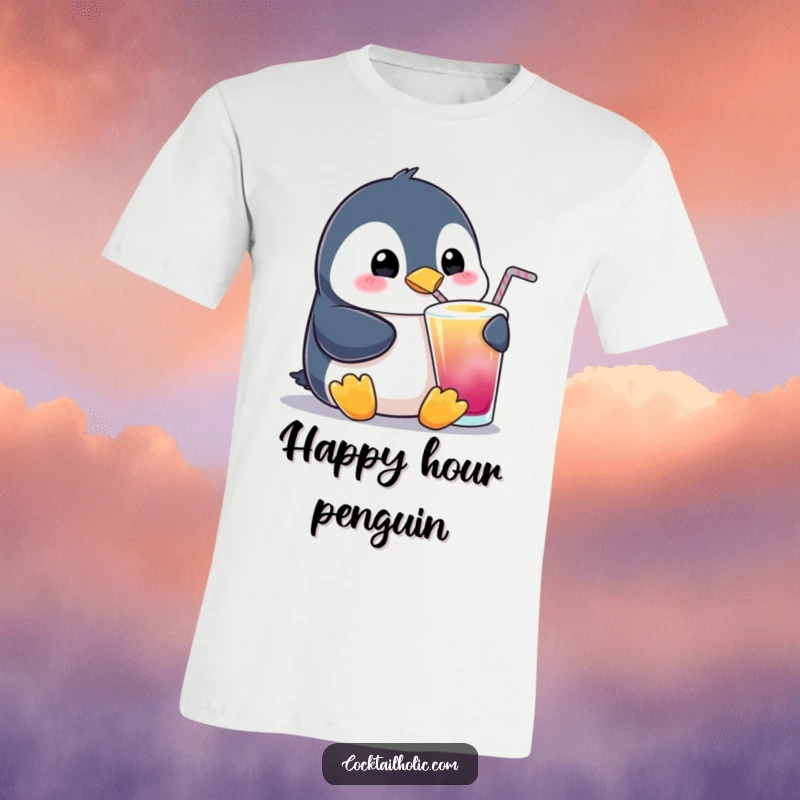 Funny Penguin Sipping T-Shirt: A delightful penguin enjoying a colorful drink, showcasing ultimate relaxation and happiness, perfect for casual wear.