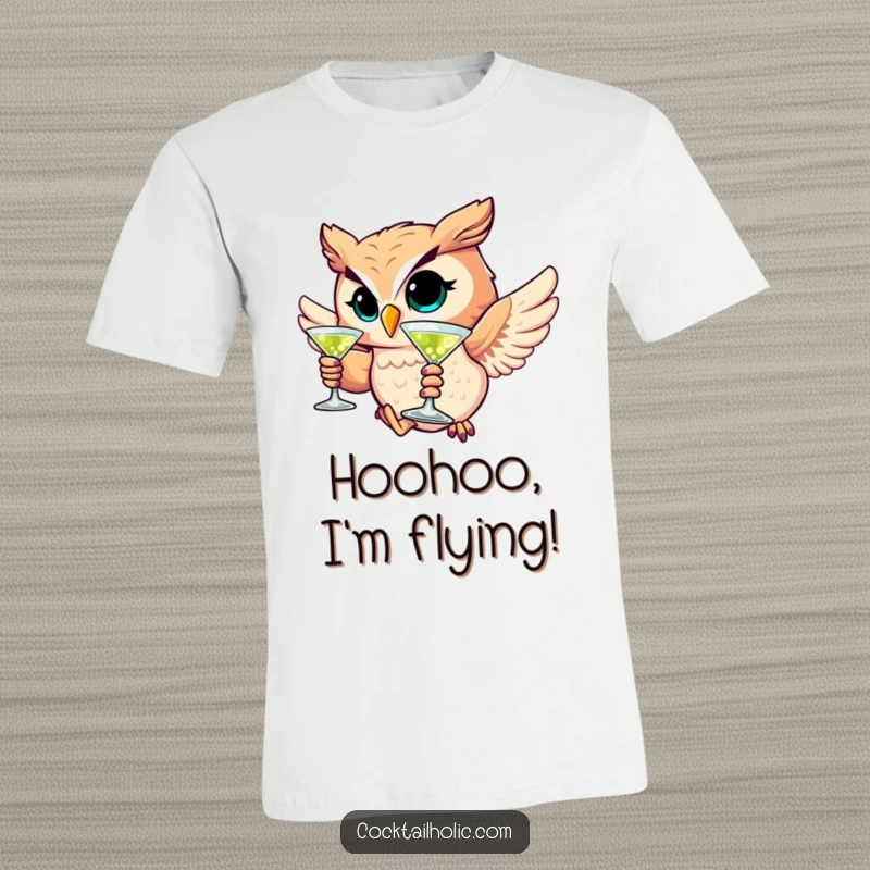 Funny T-shirt featuring a winking owl character soaring with a martini glass, conveying witty charm.
