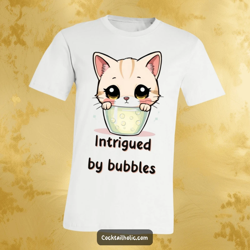 Funny cat t-shirt, with large, captivating eyes, focused on a mysterious, effervescent beverage.