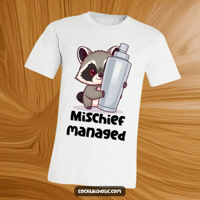 Funny t-shirt depicting a sly raccoon peeking from behind a huge cocktail shaker, suggesting fun and playful trouble.