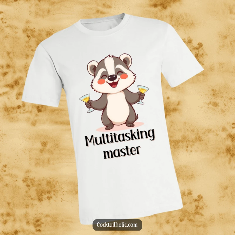 Funny badger t-shirt depicting a happy badger character juggling three miniature cocktail glasses with a smile, showcasing skill and fun.