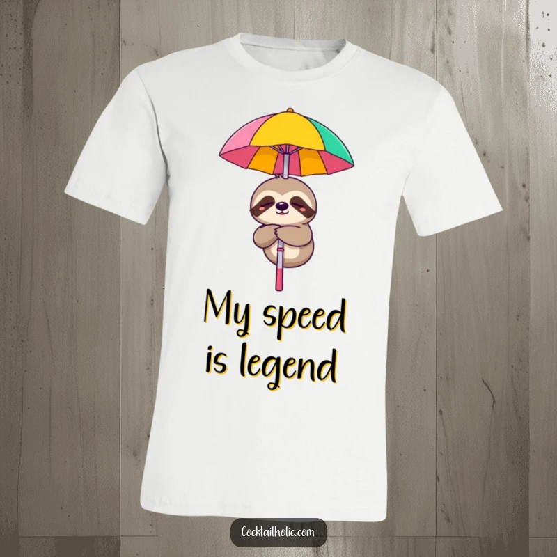 Funny T-shirt featuring a sleepy sloth character dangling from a cocktail umbrella, smiling contentedly.