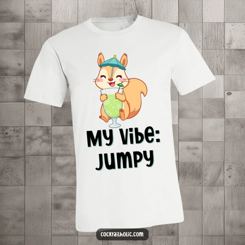 Funny t-shirt showcasing a happy squirrel leaping with a cocktail umbrella drink, embodying playful energy and cheerful vibes.