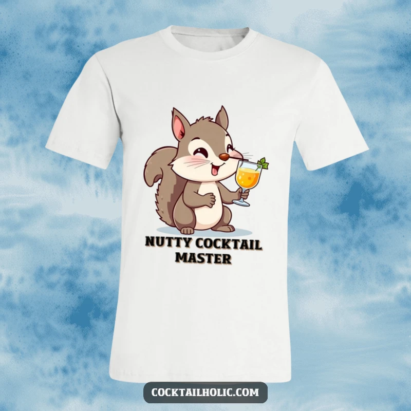 Funny Squirrel Cocktail T-Shirt: A cheeky squirrel balancing a cocktail on its nose, embodying daring fun and playful mischief, perfect for everyday wear.