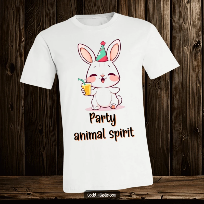 Funny bunny t-shirt showing a giggling bunny character wearing a tiny party hat and holding a drink, full of festive cheer.