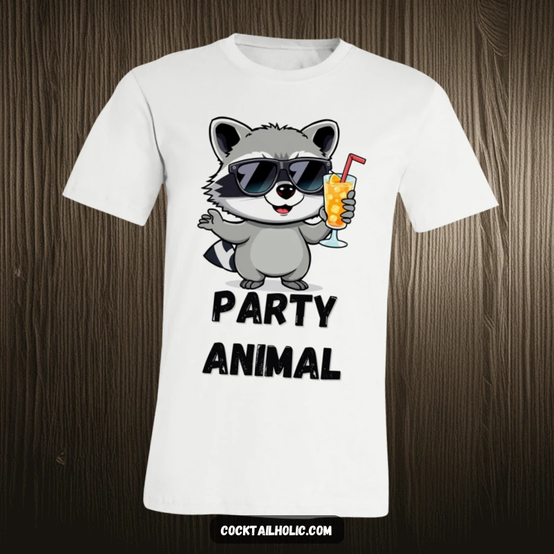 Funny raccoon wearing sunglasses, holding a cocktail with a smirk, printed on a t-shirt, looking mischievous.