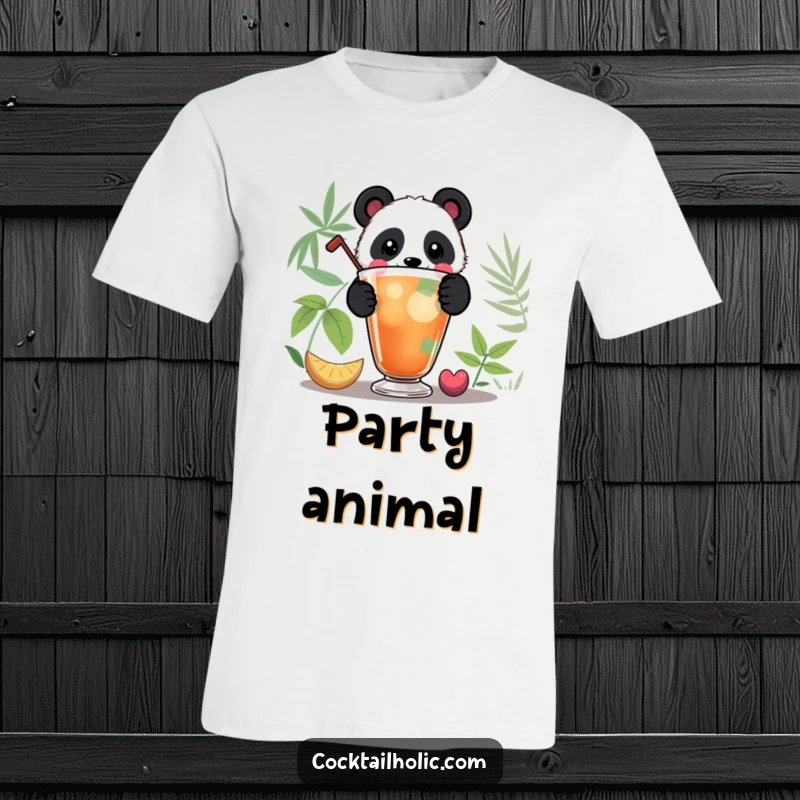 Funny Panda T-Shirt: Playful panda peeking over a large, colorful cocktail, a hilarious graphic tee for drink lovers.