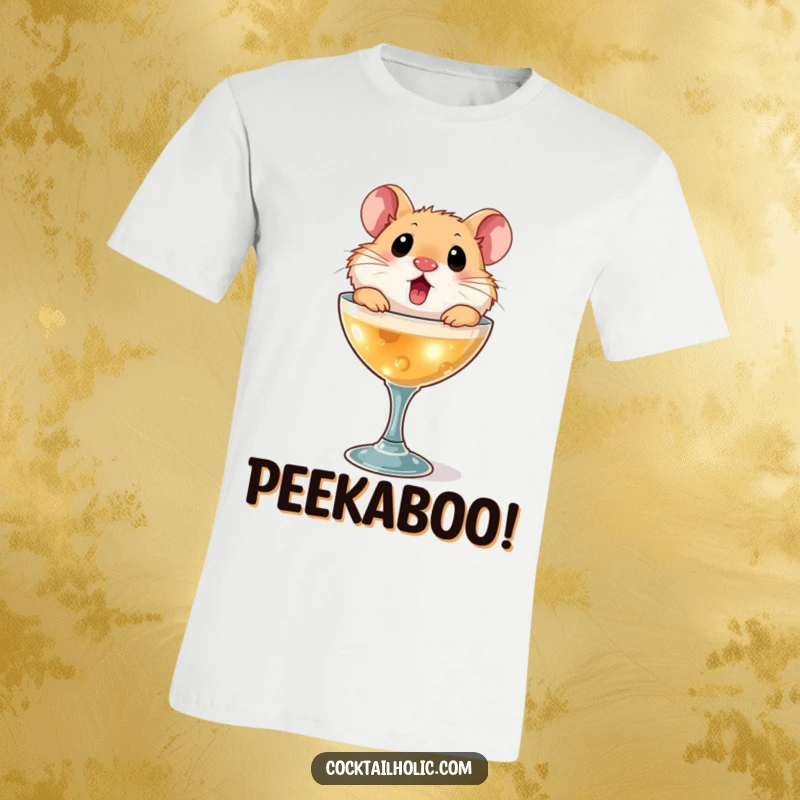 Funny hamster t-shirt, emerging from a miniature cocktail glass with a look of pure, comical astonishment.