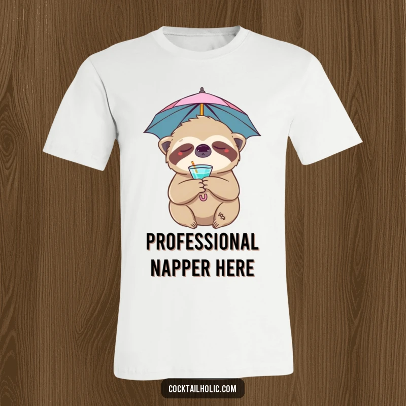 Funny sloth t-shirt with a sleepy character holding a cocktail umbrella, perfect for humorous relaxation and a great funny gift.