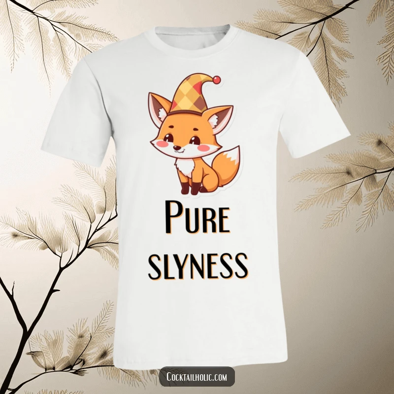 Funny T-Shirt showcasing a cute fox wearing a jester hat, tipping it with a mischievous grin, conveying playful trickery and charm.