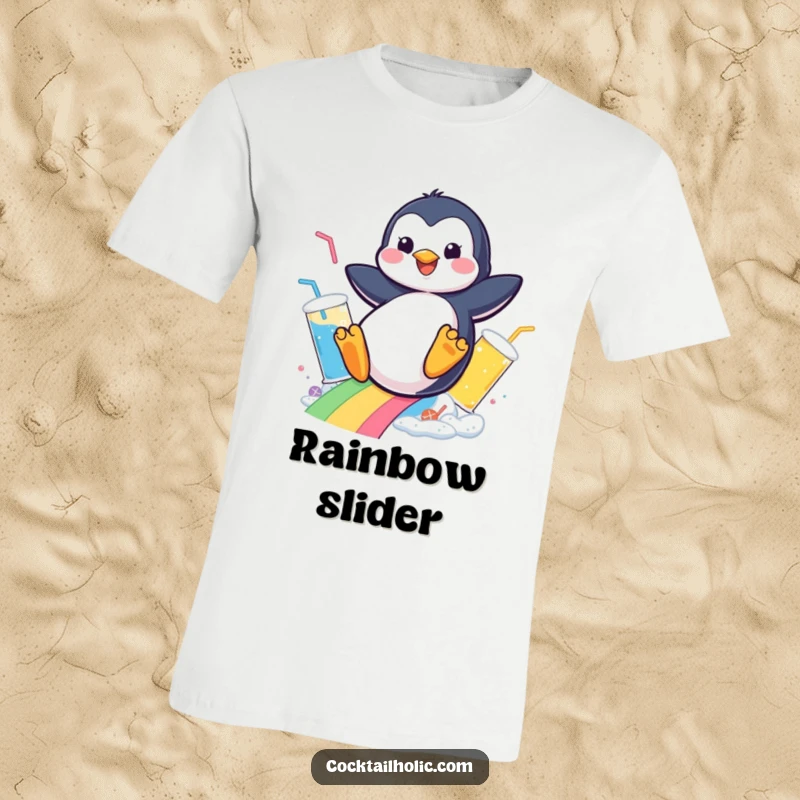 Funny t-shirt showing a happy penguin on a wild ride down a rainbow of fizzy drinks, a perfect humorous present.