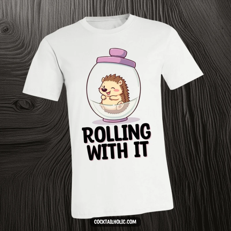 Funny hedgehog t-shirt, gleefully rolling inside a massive, empty cocktail shaker, radiating joy and energetic silliness.