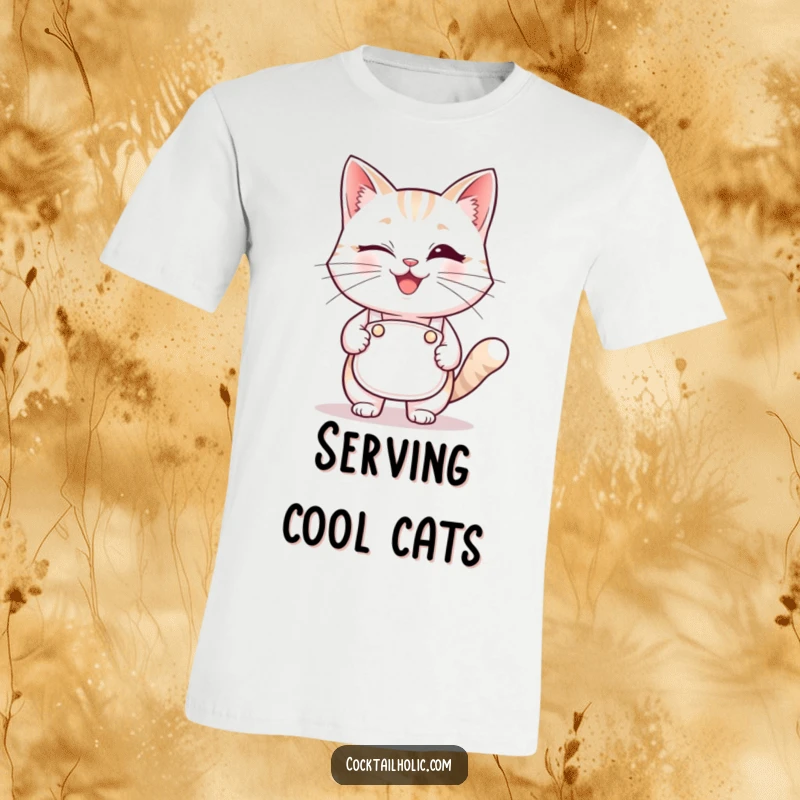 Funny winking cat bartender t-shirt, a charming and humorous apparel choice for cat lovers and party animals.