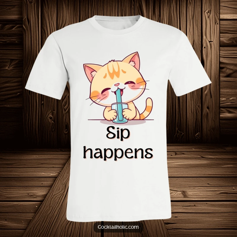 Funny t-shirt featuring a giggling cat attempting to drink from an absurdly large straw, a witty present.