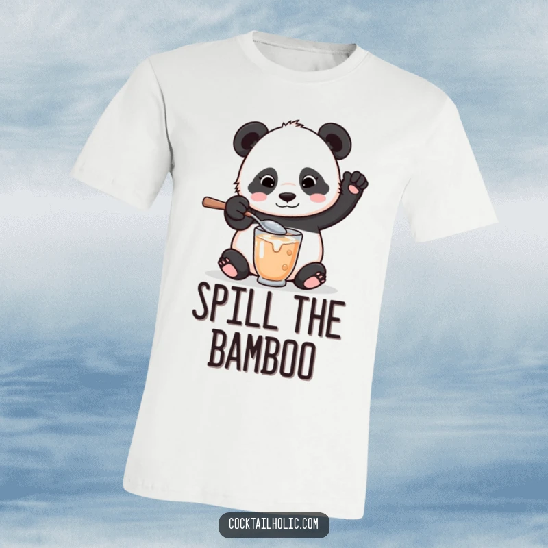 Funny t-shirt depicting a playful panda bear attempting to mix a drink with an oversized spoon, resulting in a comical spill.