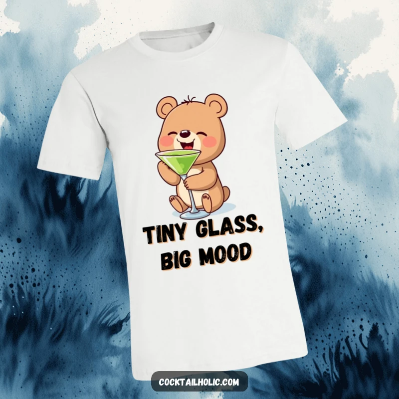 Funny bear t-shirt showcasing a small bear character blissfully sipping from a tiny martini glass, radiating pure joy and relaxation.