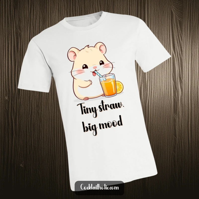 Funny cartoon hamster with a tiny straw enjoying a vibrant drink, printed on a soft t-shirt, perfect for humor lovers.