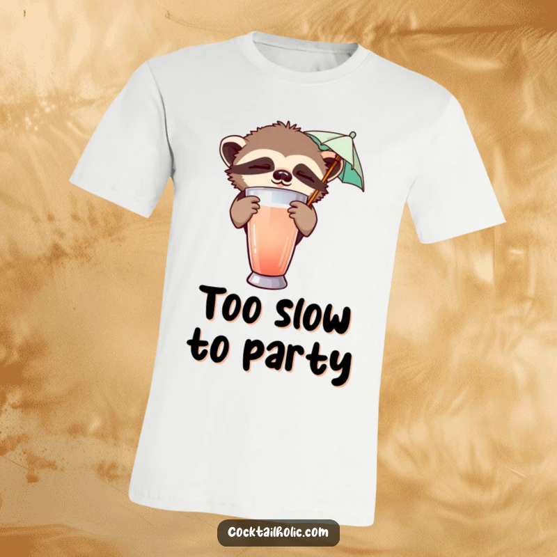 Funny t-shirt with a sleepy sloth peeking from behind a cocktail shaker, holding a tiny umbrella, perfect for chill vibes.