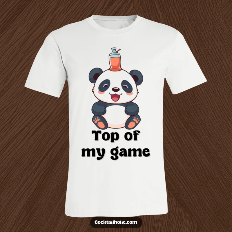 Funny panda t-shirt, joyfully balancing a miniature cocktail shaker on its head, radiating pure contentment.