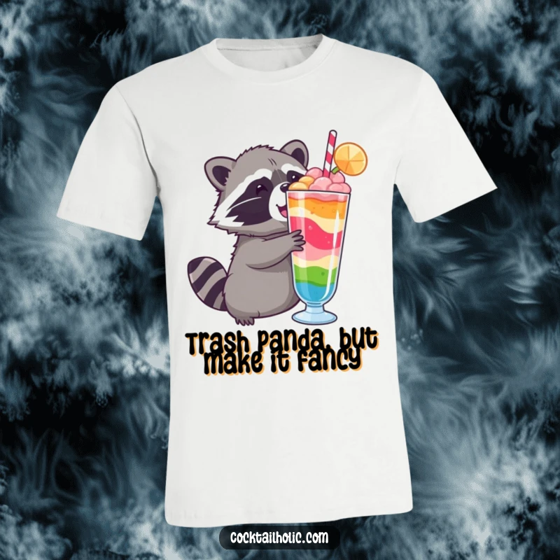 Funny raccoon t-shirt, with intense focus, reaching for a tall, colorful layered drink, embodying humorous anticipation.