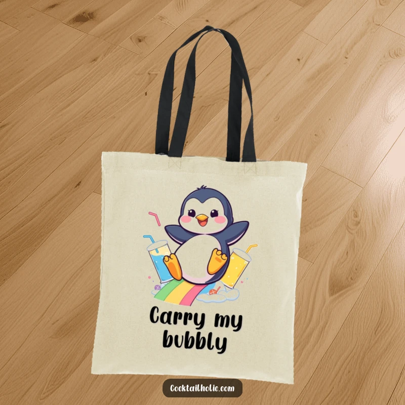 Funny tote bag illustration of a penguin sliding down a bubbly drink rainbow, a practical and humorous accessory.