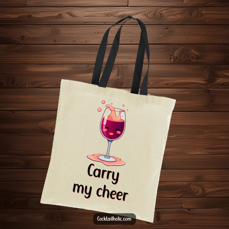 Funny happy wine glass character with bubbly overflow, spilling its contents with glee on a practical and funny tote bag.