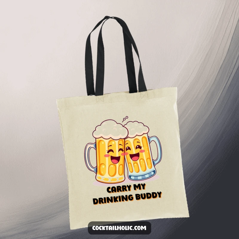 Funny tote bag illustrated with two joyful beer mugs high-fiving, a symbol of celebration and friendship, ideal for shopping.