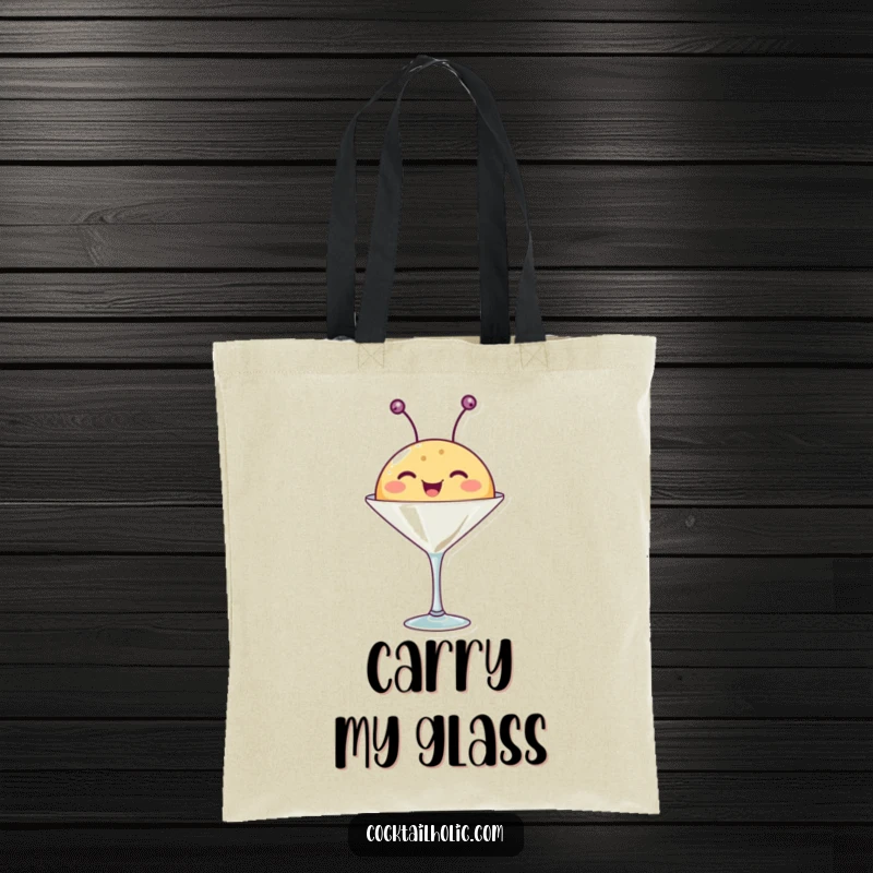Funny tote bag with a happy, round creature whose antennae wiggle from a martini glass, a humorous and useful accessory.