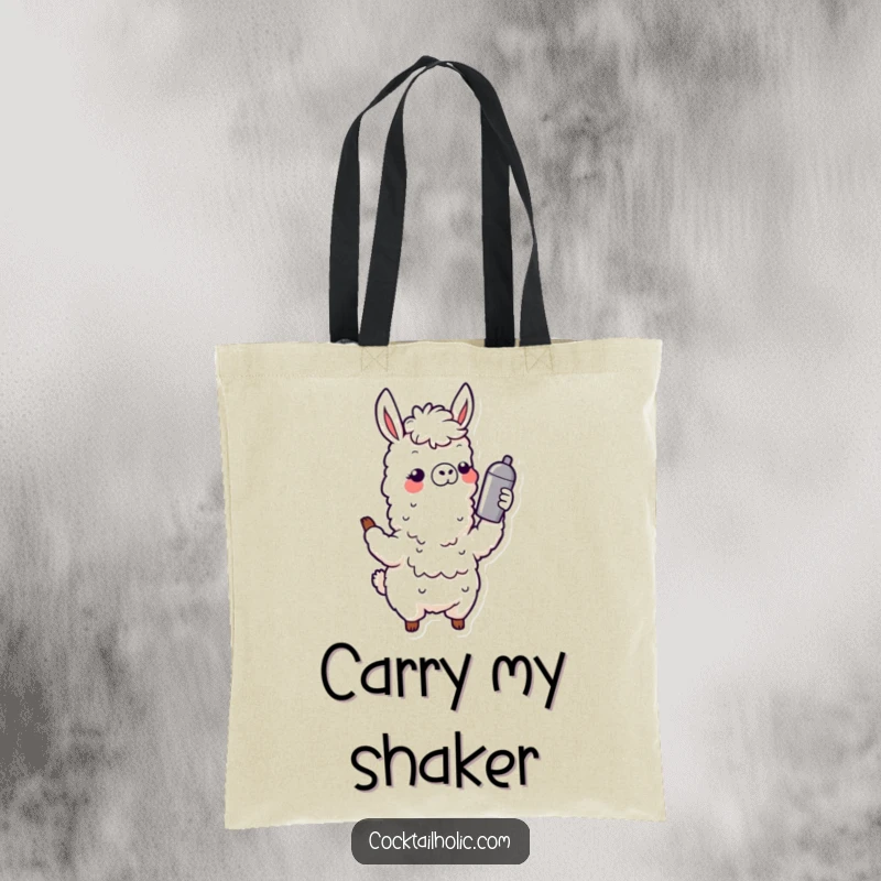 Funny Wobbly Llama Tote Bag: A charming llama artistically shaking a cocktail shaker, making it a stylish and humorous accessory for everyday use.