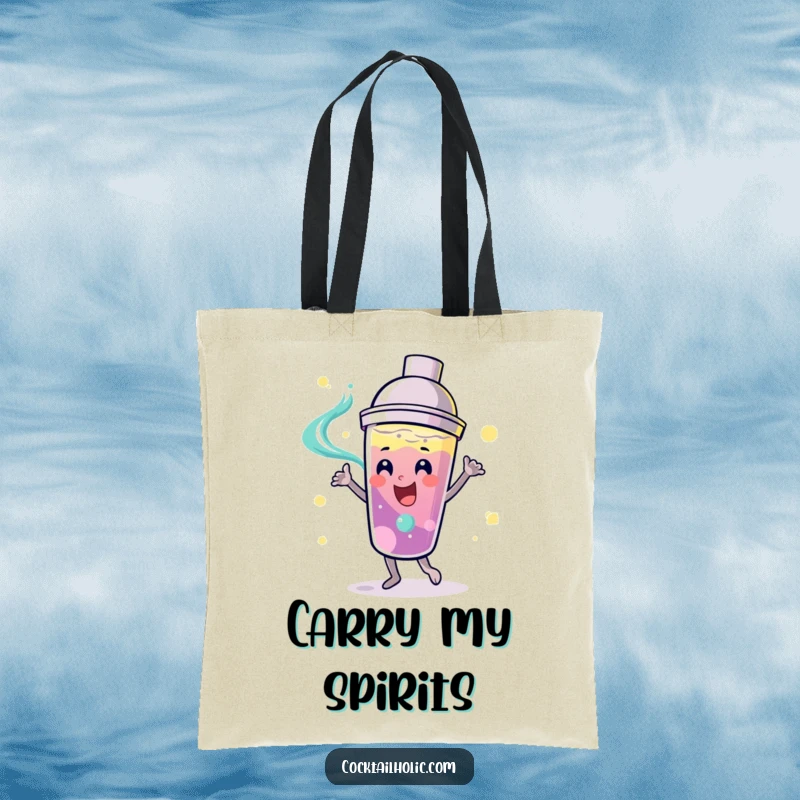 Funny playful cocktail shaker with a smiling face, dancing with swirling liquid on a practical and funny tote bag.