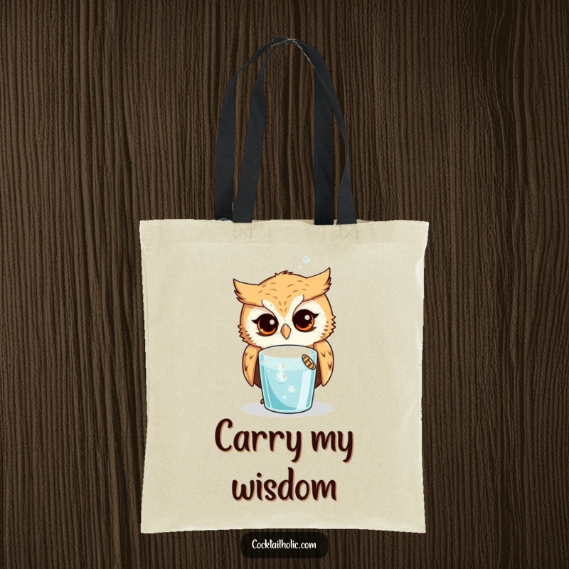 Funny Owl Tote Bag: Curious owl looking intently at a bubbling drink, a practical and humorous tote for daily use.