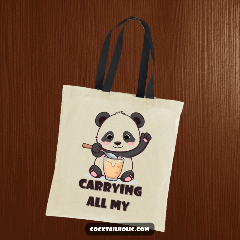 Funny tote bag showcasing a playful panda bear with an oversized spoon, comically mixing a drink and spilling a little.