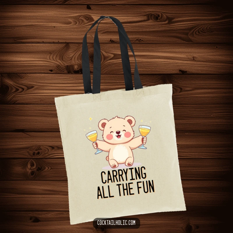 Funny tote bag showing a fluffy bear cub skillfully juggling a trio of sparkling cocktail glasses, a playful accessory.