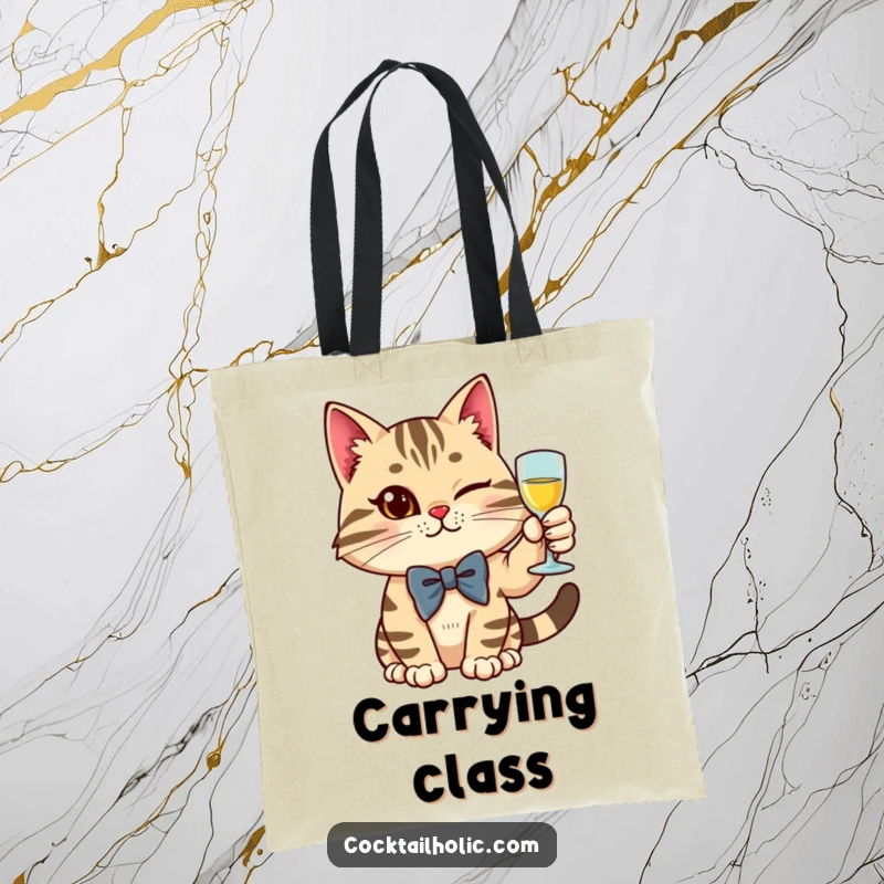 Funny stylish cat in a bow tie raising a glass with a wink, on a reusable tote bag.