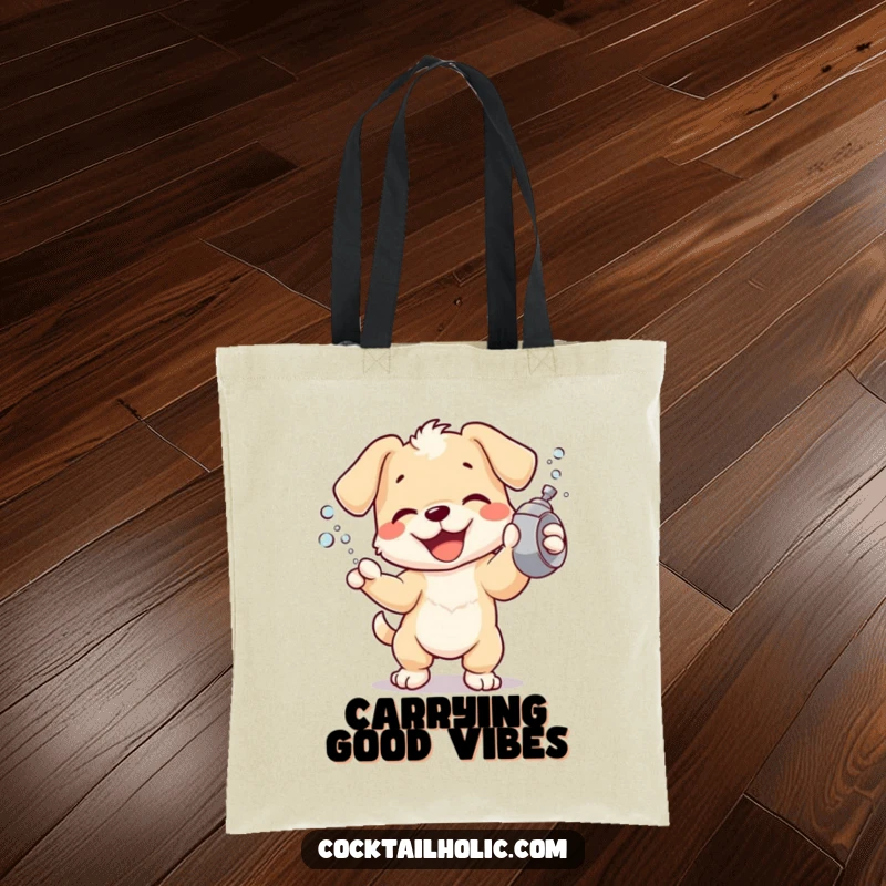 Joyful puppy character shaking a cocktail shaker with wild abandon, spraying bubbles, printed on a durable tote bag.