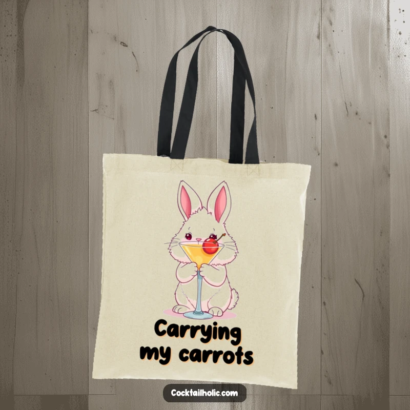 Funny fluffy bunny tote bag holding a martini glass with a cherry, a humorous and practical accessory.
