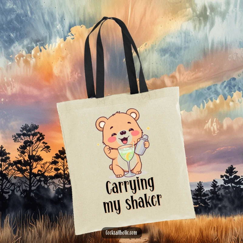 Funny bear cub tote bag gleefully shaking a cocktail shaker, a humorous and practical accessory for shopping.