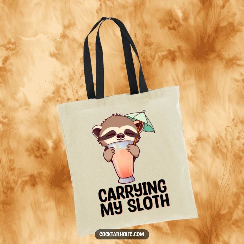 Funny tote bag with a sleepy sloth peeking from behind a cocktail shaker, holding a tiny umbrella, a relaxed and useful accessory.